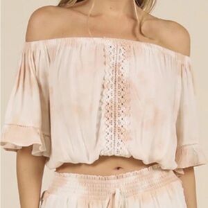 NWT Ocean Drive Summer White/Sand Dip Dye Crochet Trim Crop Top Size Large